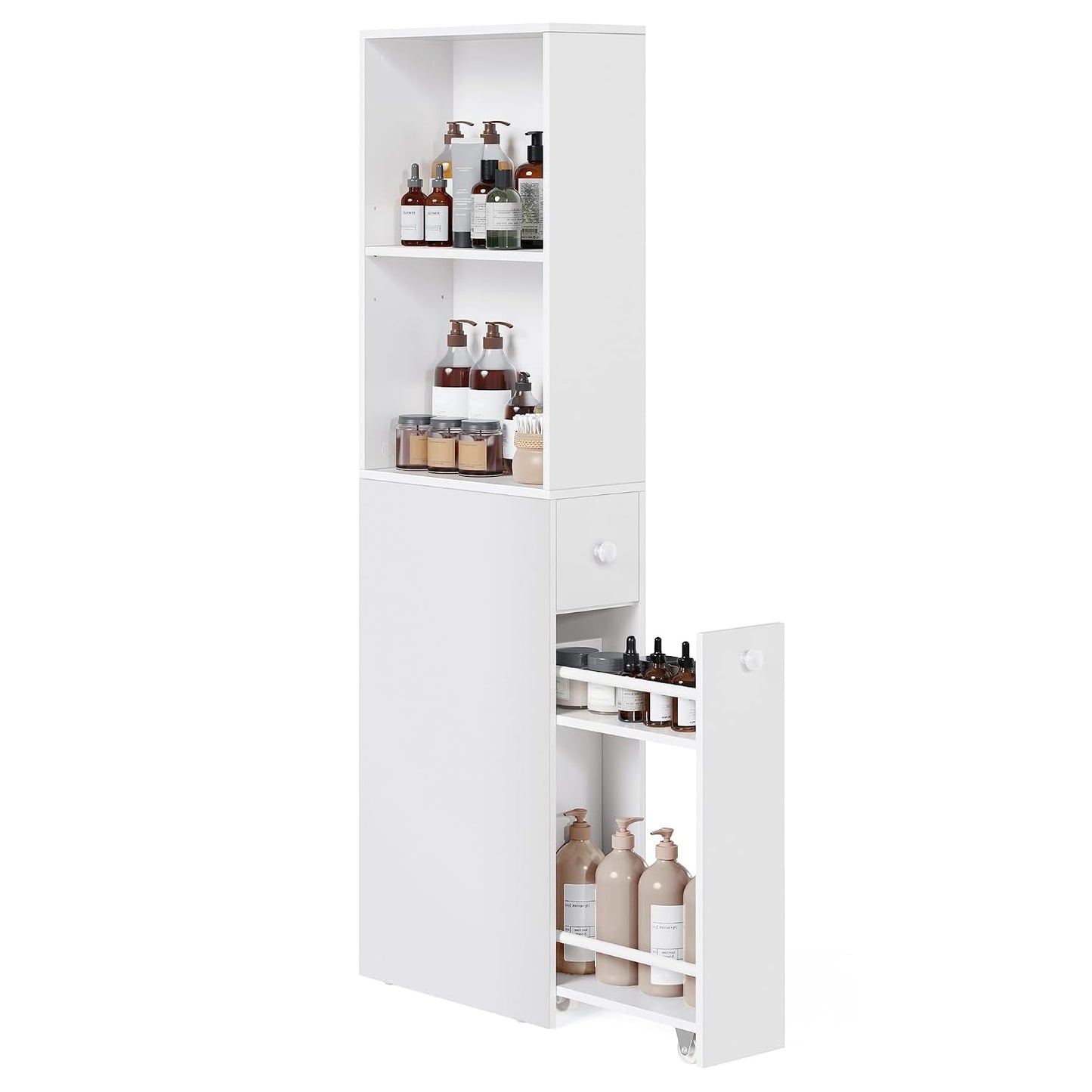VASAGLE Slim Bathroom Storage Cabinet, Narrow Freestanding Cabinet with Storage Drawers and Adjustable Shelf, for Small Spaces, Modern Style, Cloud White UBBK567T14S