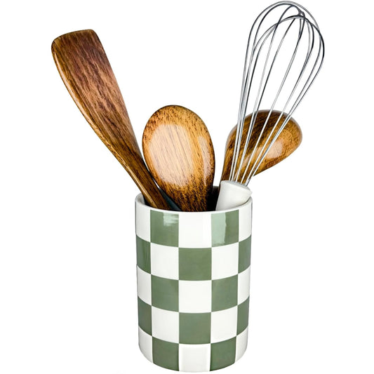 Checkered Utensil Holder, 4.13''x5.71" Utensils Ca... (Sage Green | Ceramic)