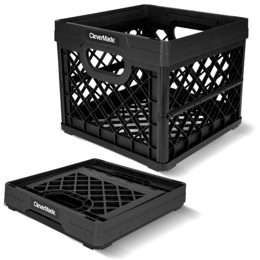 CleverMade Collapsible Milk Crate, 25L Storage Crate, Holds 50 lb, Obsidian | Organize Files, Groceries, and Gear in One Crate | Built-In Rails Hold Letter Folders, While the Frame Stacks Securely