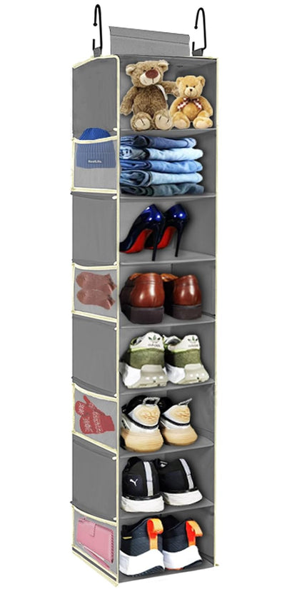 Large-Sized Hanging Shoe Organizer 8-Shelf, Hanging Closet Organizer with 8 Side Pockets, Wider Hanging Shelves for Storage Shoes Clothes 9" W × 11.8" D× 48" H, Grey