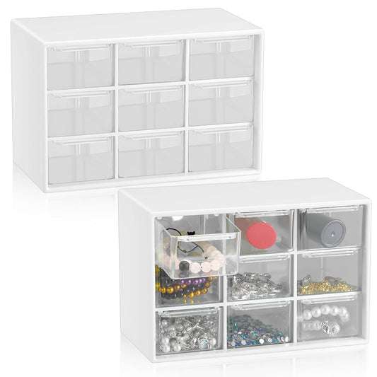 2 Pcs Mini Storage Drawers with 9 Clear Drawers,Wh... (White | Plastic)