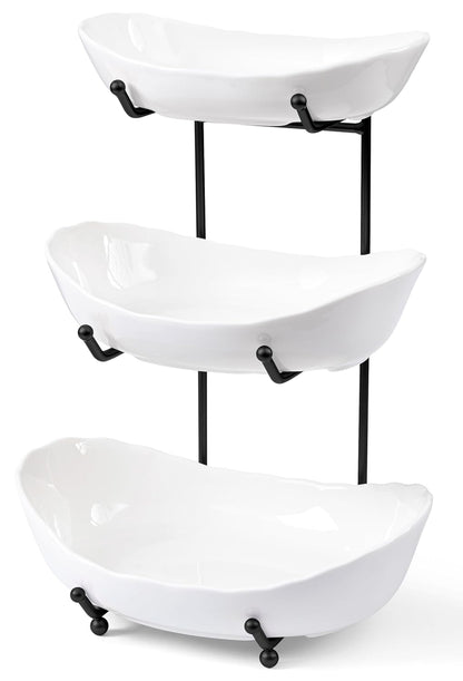HBlife Fruit Bowl for Kitchen Counter - 3 Tier Ceramic Fruit Rack, Fruit Basket for Fresh Fruit&Veggies, Tiered Fruit Platter Serving Trays for Party
