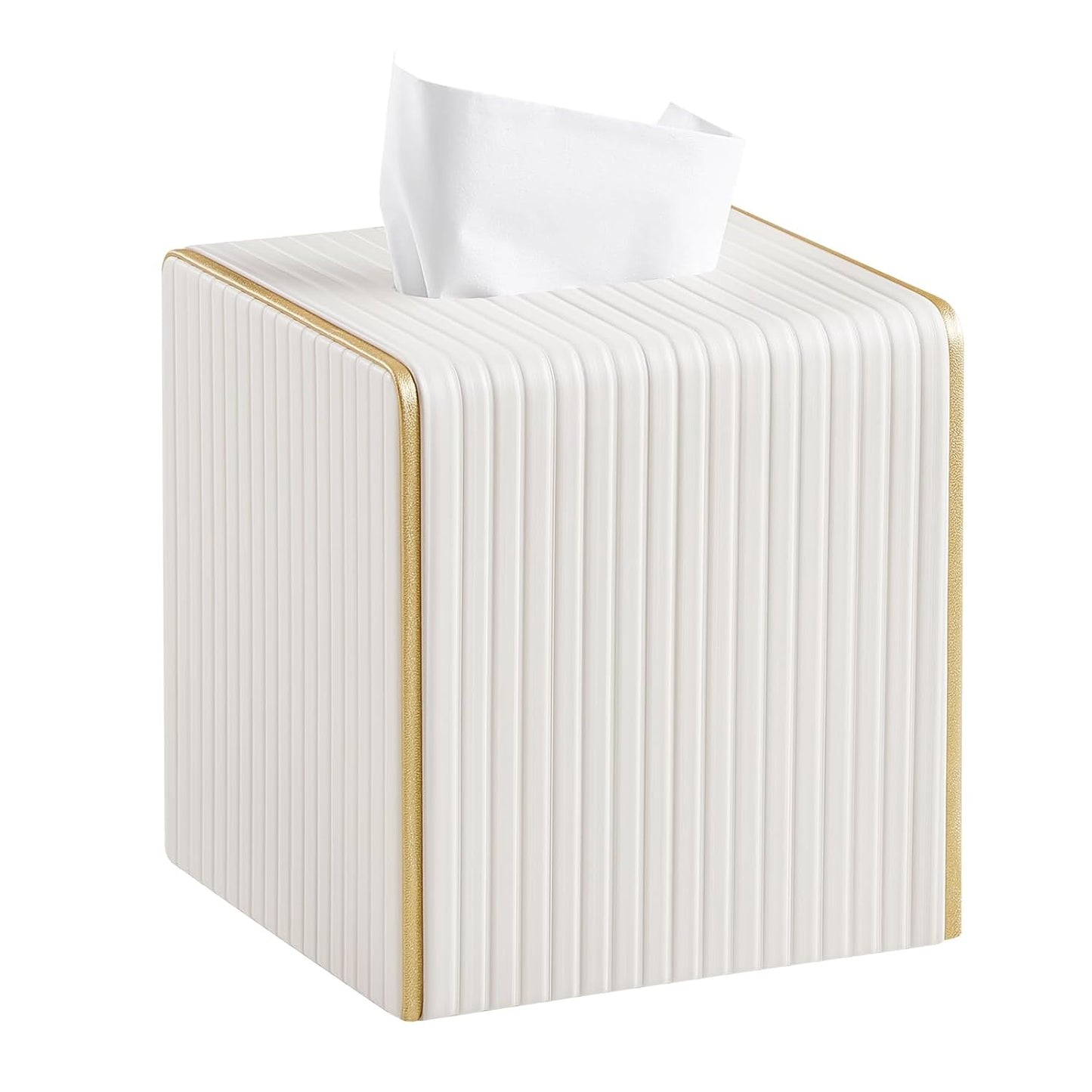 Square PU Leather Tissue Box Cover with Magnetic Closure, Decorative Tissue Holder & Storage Container for Bedroom, Living Room, Dining Room, Bathroom, Countertop, Desk & Office (White)