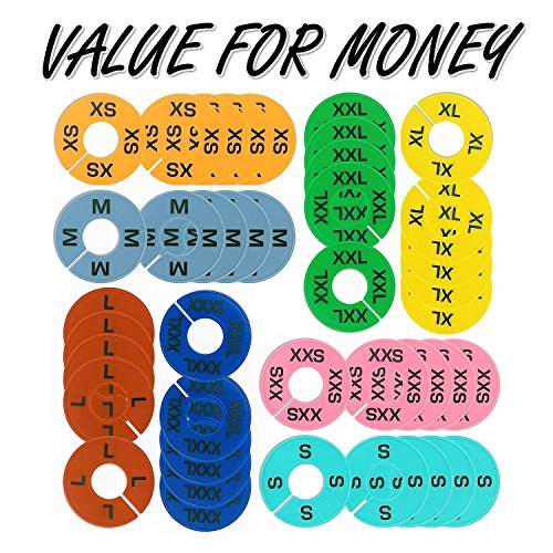 Clothing Rack Size Dividers for Retail Shops, XXS-XXXL, 40 Pieces, 8 Colors | Round Plastic Size Rings, Tags, Hangers, or Separators for Shirt, Closet, and Garment Racks, Small Medium Large