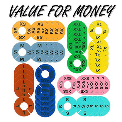 Clothing Rack Size Dividers for Retail Shops, XXS-XXXL, 40 Pieces, 8 Colors | Round Plastic Size Rings, Tags, Hangers, or Separators for Shirt, Closet, and Garment Racks, Small Medium Large