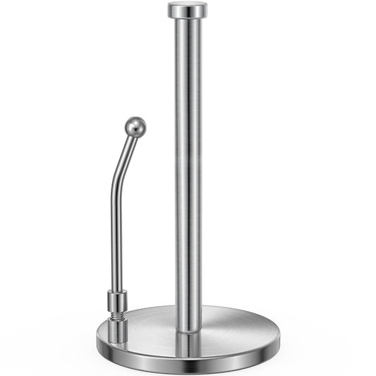 SMARTAKE Paper Towel Holder Countertop, Non-Slip Weighted Base, Silver | Freestanding Kitchen Roll Dispenser, Rustproof Stainless Steel, Spring Arm for Easy Tear, Widden Top, with 4 Suction Cups
