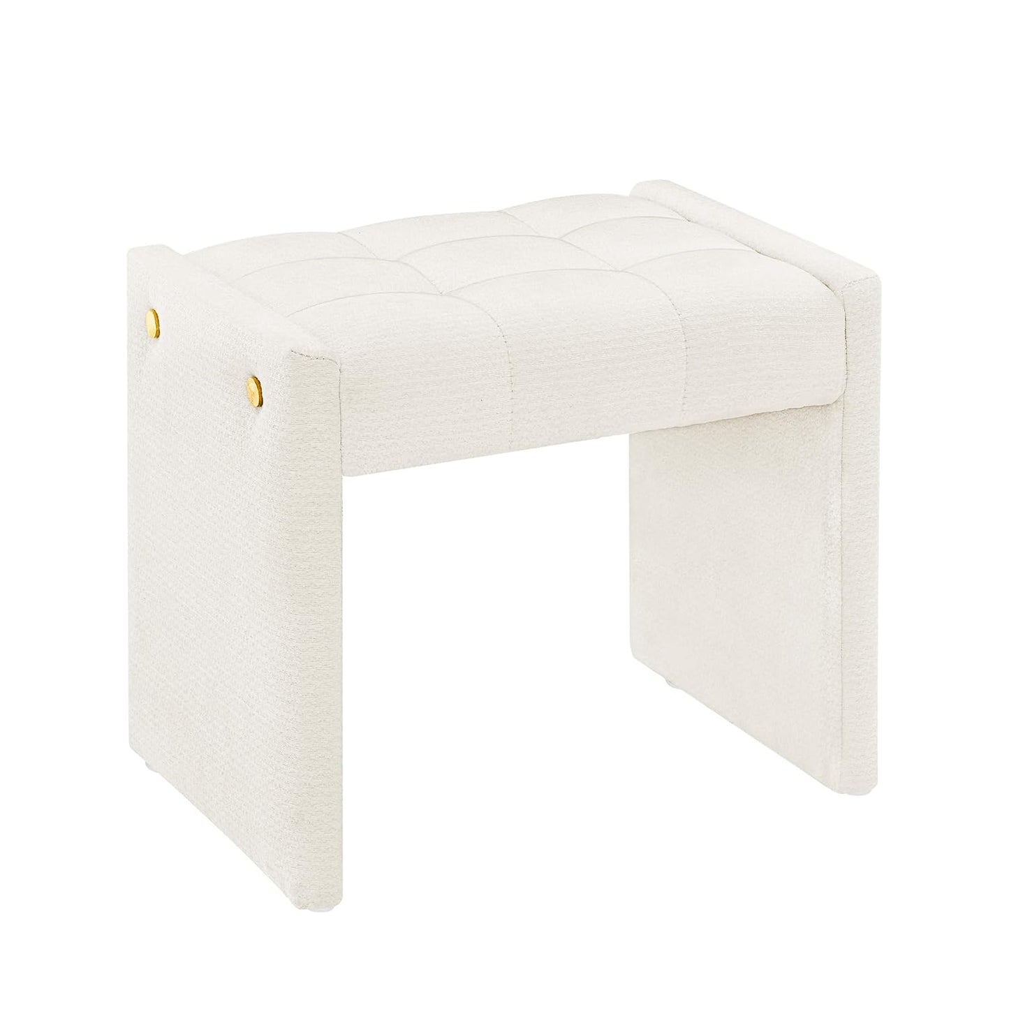 LUE BONA Modern Grid Tufted Vanity Bench Stool, 4.33'' Thick Chenille Upholstered Ottoman Footstool for Makeup Room, Bedroom & Living Room, 200lbs Capacity, White