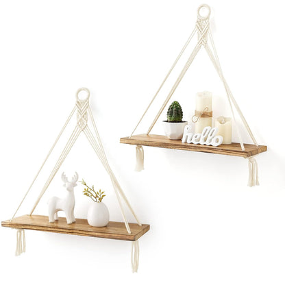 Mkono Macrame Hanging Shelves Boho Wall Decor Set of 2 Floating Wood Shelf | Cute Room Decor for Teen Girls Display Storage Shelves for Hanging Plant Photos Fit Bedroom Bathroom Living Room Nursery Dorm