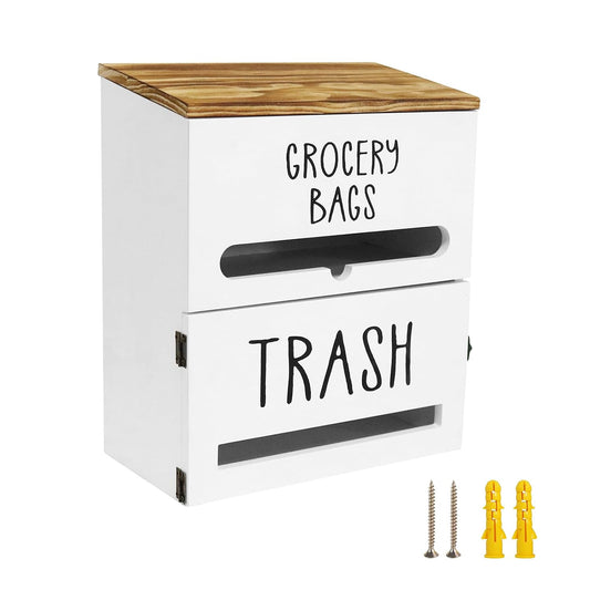 2 in 1 Trash Bag Dispenser, Double Wall Mounted,Wood Trash Bag Holder, used in kitchen, garage, laundry room, can store Environmentally friendly food bags and garbage bags (White)