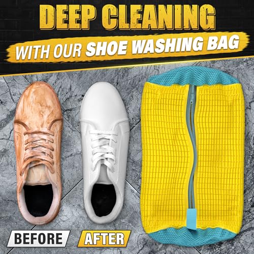 2 Pcs Reusable Shoe Washing Machine Bag, XXL with Zipper, Yellow | Shoe Bag for Washing Machine & Dryer; Fluffy Fibers Clean Every Side; Protects Shoes; Fits Sneakers US 6 to 12; Hanging Loop