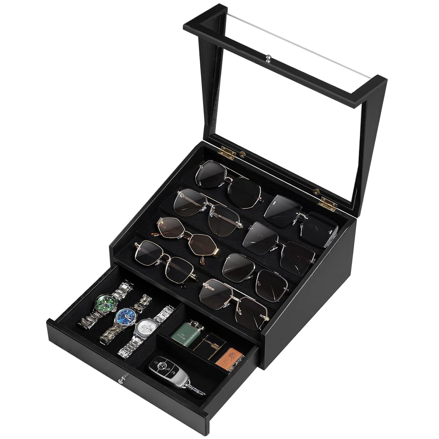 Sunglass Organizer for 14 Pairs, Large Wooden Sunglasses Display Case with Clear Lid & Drawer, Dustproof Glasses Storage Organizer for Men Women Countertop (Black)