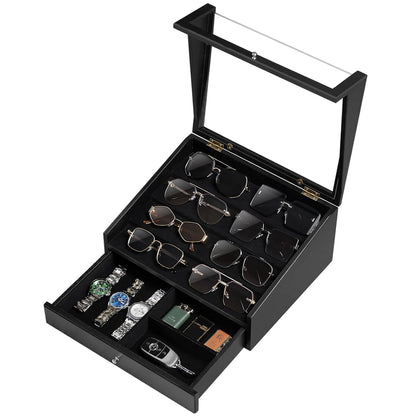 Sunglass Organizer for 14 Pairs, Large Wooden Sunglasses Display Case with Clear Lid & Drawer, Dustproof Glasses Storage Organizer for Men Women Countertop (Black)