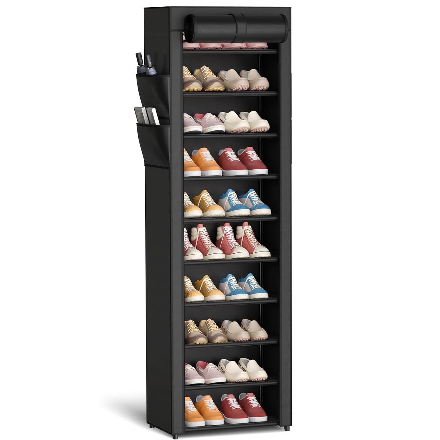 Kitsure 10-Tier Shoe Rack with Cover, Vertical Shelf, 17.5" Wide, Black | Space Saving Shoe Storage with Side Pocket, Shoe Organizer for Closet, Entryway, Bedroom, Zapateras Organizer