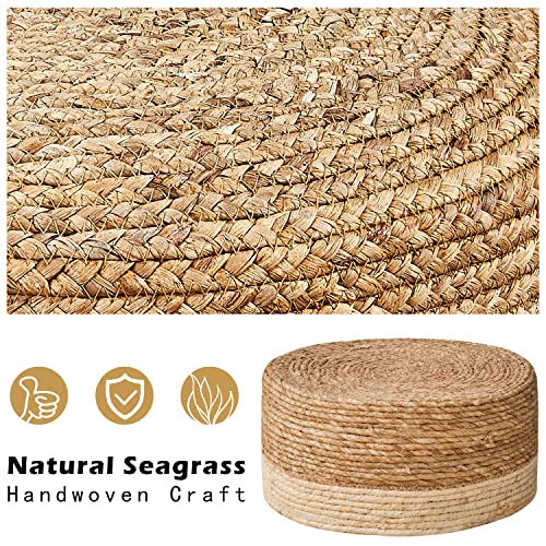 Foot Stool Natural Seagrass Hand Weave Poufs Round Ottoman for Couch Desk Soft Step Stool Padded Foot Rest with Non-Skid Pine Legs for Hallway Office Lounge Natural/White