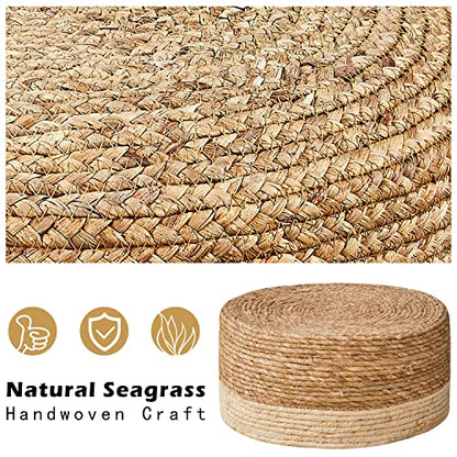 Foot Stool Natural Seagrass Hand Weave Poufs Round Ottoman for Couch Desk Soft Step Stool Padded Foot Rest with Non-Skid Pine Legs for Hallway Office Lounge Natural/White