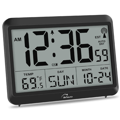 Self-Setting Atomic Digital Wall Clock with Auto DST | Battery Operated, Large Display with Temperature, Date and Day, 4 Time Zones, Wall Mount/Desktop Clock for Classroom, Office