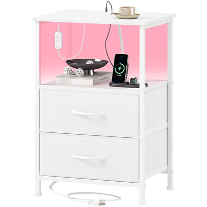 Somdot Nightstand with 2 Drawers, Charging Station & LED Light | Fabric-Bin Dresser for Bedroom, Bedside, Kids Room, Dorm, Closet, Laundry and Entryway, White