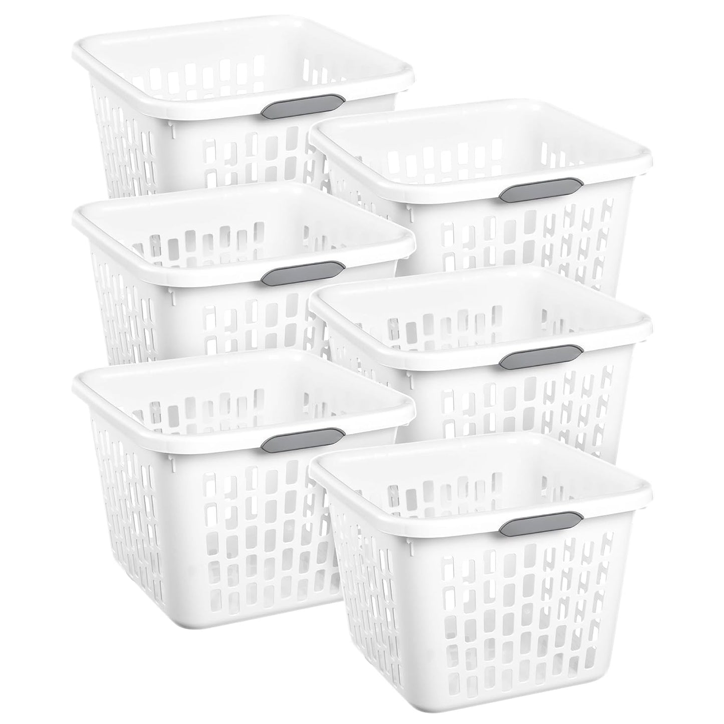 Sterilite Square Laundry Basket, Plastic Clothes Hamper, 6-Pack | 1.5 Bushel Capacity, White, Dirty Clothing Storage, Ventilated Rectangular Holes & Large Comfort Grip Handles for Easy Carry
