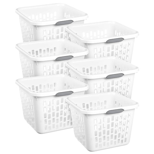 Sterilite Square Laundry Basket, Plastic Clothes Hamper, 6-Pack | 1.5 Bushel Capacity, White, Dirty Clothing Storage, Ventilated Rectangular Holes & Large Comfort Grip Handles for Easy Carry