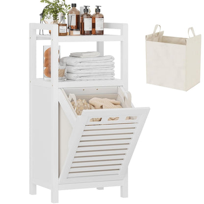 Tilt Out Laundry Hamper, 10 Gal Bamboo Laundry Storage Cabinet with Removable Basket, Hidden Hamper Organizer with Shelf for Dirty Clothes, Bathroom, Laundry Room, Space Saving, White