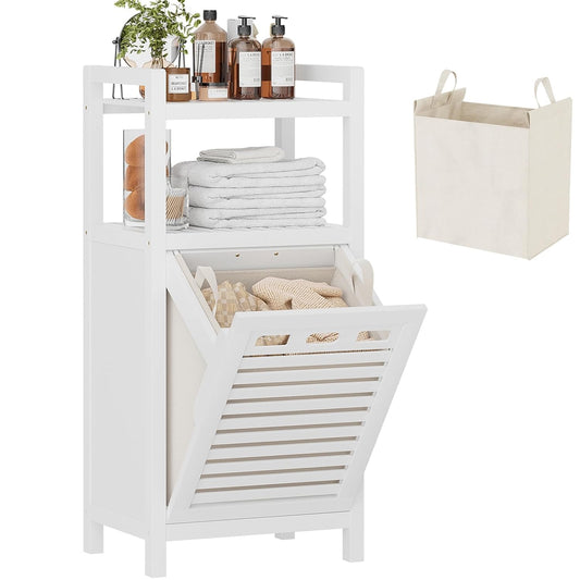 Tilt Out Laundry Hamper, 10 Gal Bamboo Laundry Storage Cabinet with Removable Basket, Hidden Hamper Organizer with Shelf for Dirty Clothes, Bathroom, Laundry Room, Space Saving, White
