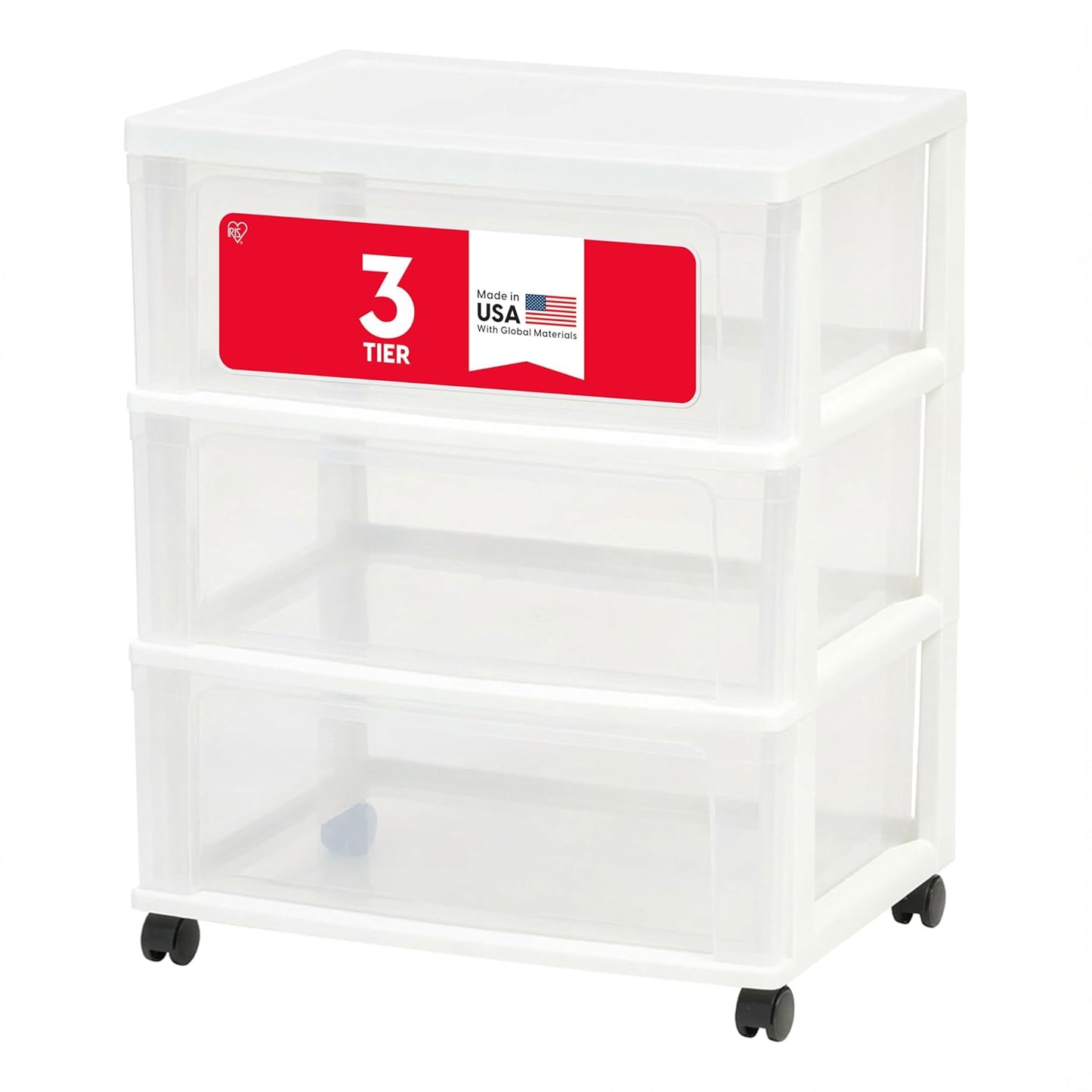 IRIS USA 3-Drawer Wide Storage Cart with Wheels, Organizer, White | Store clothing, towels, office supplies, craft materials and household essentials with organized storage around your home