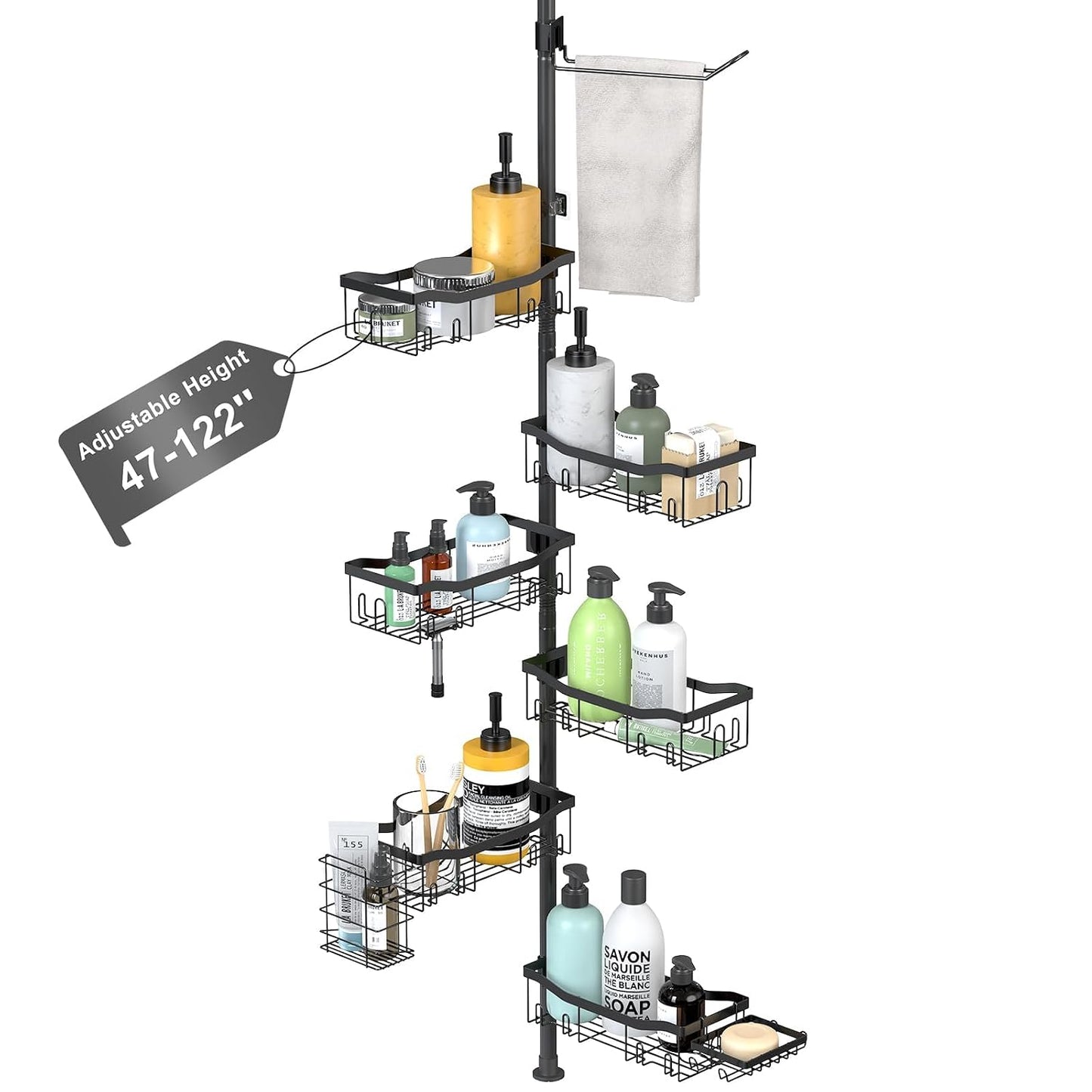 Shower Caddy Corner, 6 Tier Tension Pole Rod Bathroom Organizer Shelves, Adjustable Bathtub Shampoo Stand Rack with Towel Rack 2 Holders for Inside Shower Storage, 47-122 Inch, Black