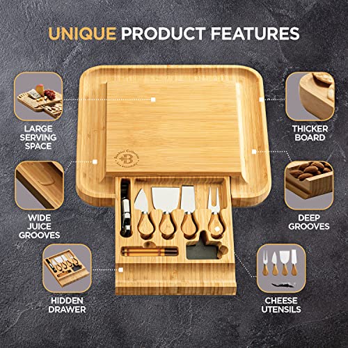 Charcuterie Boards - Large Bamboo Cheese Board & Knives, Housewarming Gift | Hidden Slide Out Drawer Holds The Cutlery Set, Deep Edge Groove Keeps Crackers, Nuts And Olives In Place, Easy To Wipe Clean
