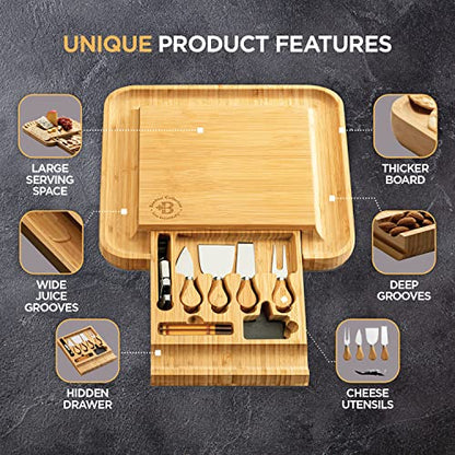 Charcuterie Boards - Large Bamboo Cheese Board & Knives, Housewarming Gift | Hidden Slide Out Drawer Holds The Cutlery Set, Deep Edge Groove Keeps Crackers, Nuts And Olives In Place, Easy To Wipe Clean