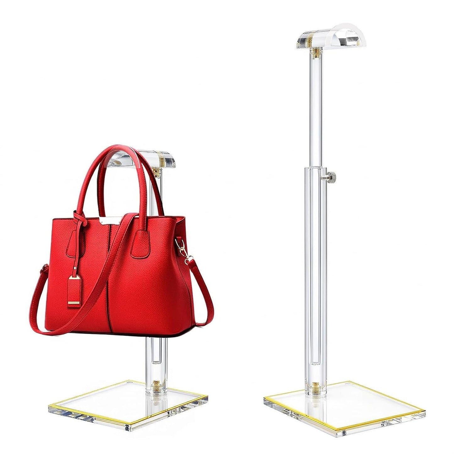 2Pcs Purse Display Stands, Height Adjustable10"-16"+14"-24", Acrylic Handbag Stands for Display, Clear Holder for Purse Evening Bag Clutch, Bag Table Rack, Purses Hanging Organizer for Closet Retail Vendor