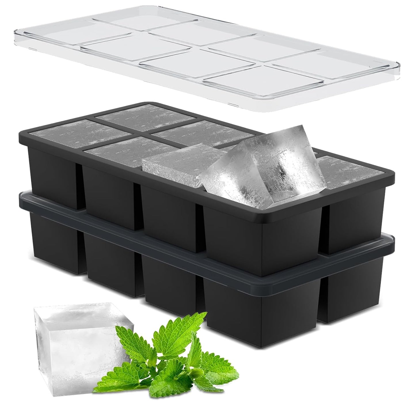 Large Ice Cube Tray: 2024 Upgraded Silicone Square Ice Cube Mold For Whiskey, New Upgraded 2 Inch Large Cubed Ice Trays for Cocktail, Big Cube Ice Maker Mold (2 Pack, Black)