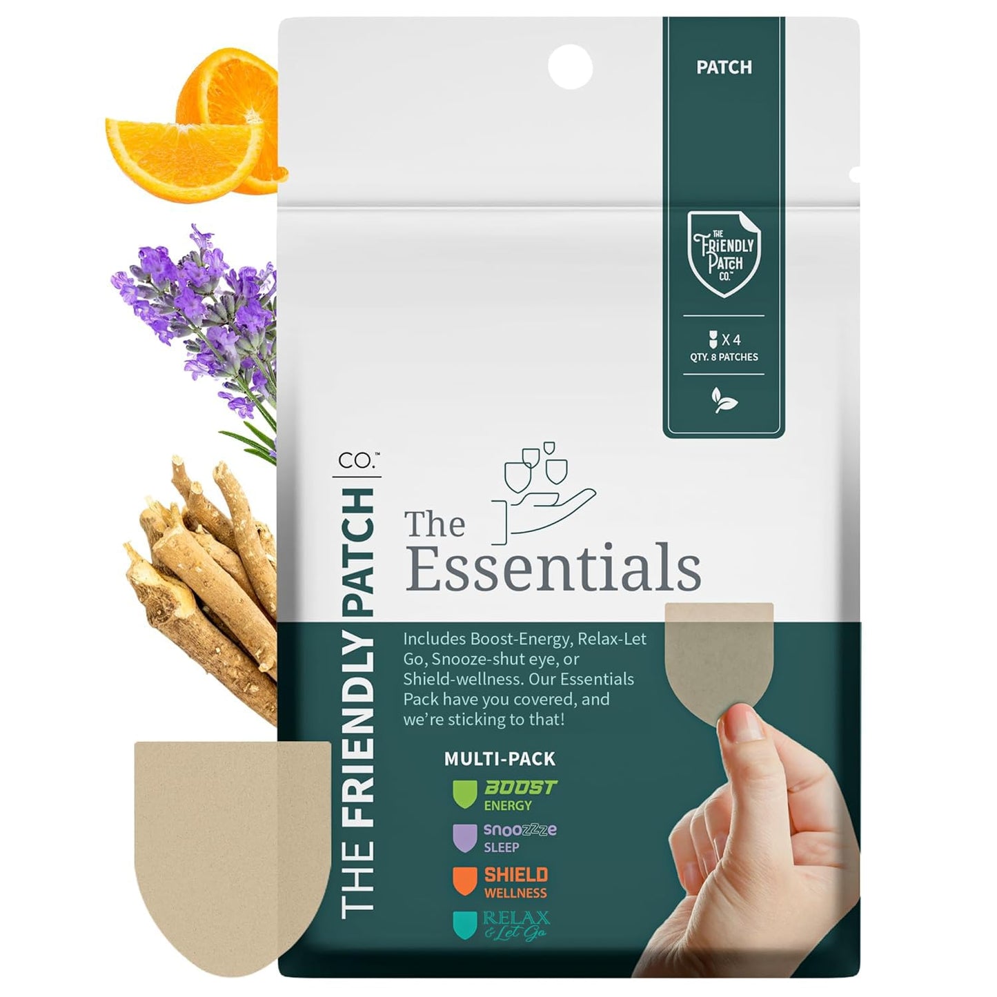 The Friendly Patch Travel Essentials Multi-Pack includes 8 Patches: Snooze Sleep Patches, Ashwagandha calm, Boost Energy Patch, and Shield for Sleeping, Relaxing, and Energy.