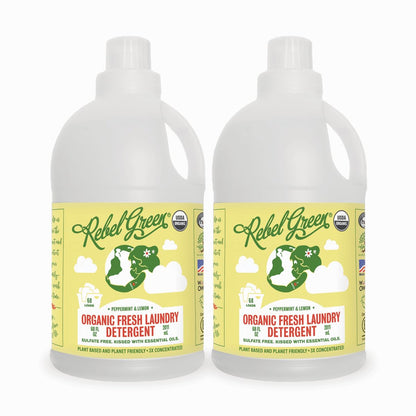 Rebel Green Organic Laundry Detergent, Natural Laundry Soap | Liquid Laundry Detergent with Dispenser Cup, Fresh Peppermint & Lemon Scent, 68 Load Bottles, 2 Pack