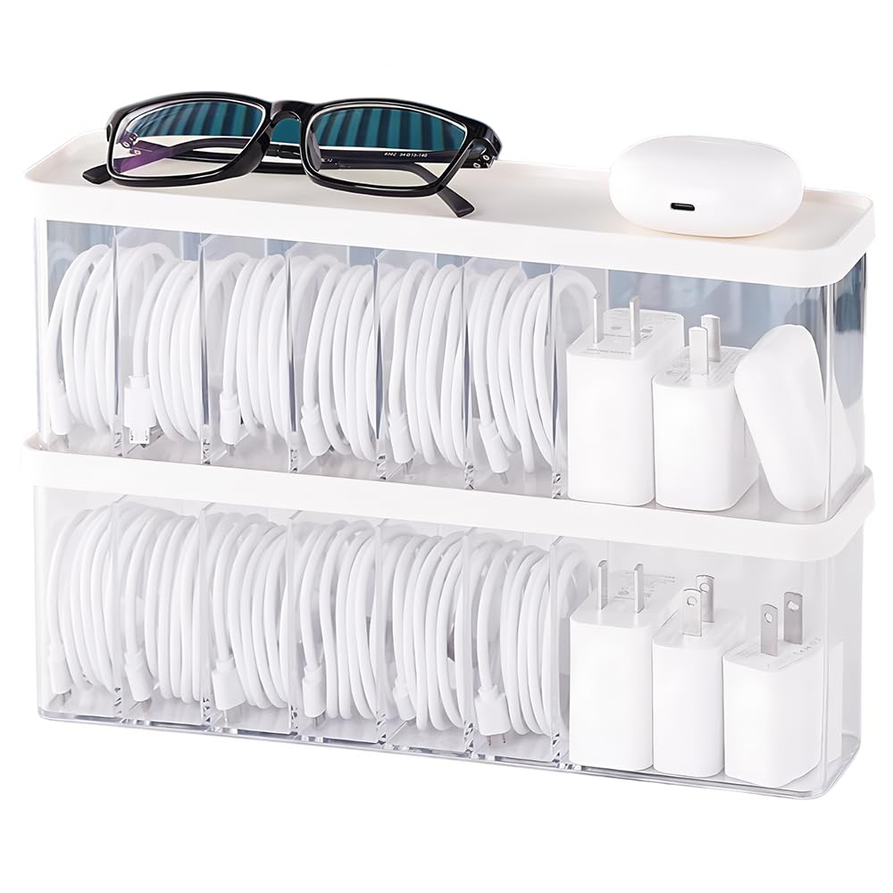 Charger Cable Cord Storage Organizer Box - Easy Storage Without Cable Ties | Stackable,with Lid,Dust-Proof,Space Saving,6 Standard Space and 1 Larger Space,for Home Office Desk Accessories Supplies