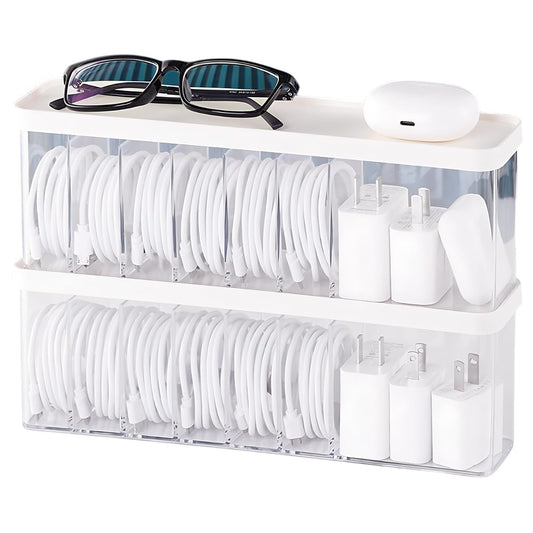 Charger Cable Cord Storage Organizer Box - Easy Storage Without Cable Ties | Stackable,with Lid,Dust-Proof,Space Saving,6 Standard Space and 1 Larger Space,for Home Office Desk Accessories Supplies