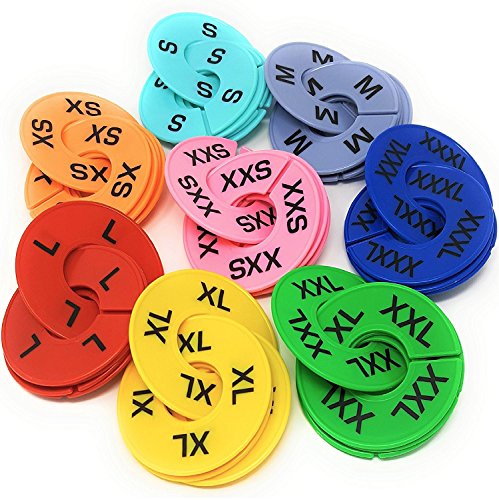 Clothing Rack Size Dividers for Retail Shops, XXS-XXXL, 40 Pieces, 8 Colors | Round Plastic Size Rings, Tags, Hangers, or Separators for Shirt, Closet, and Garment Racks, Small Medium Large