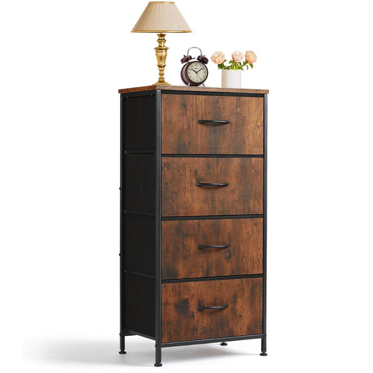 4 Drawers Dresser for Bedroom Fabric Storage Tower with Wooden Top | Steel Frame Tall Chest of Drawers for Closet, Entryway, Dorm, Brown