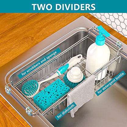 Over the Sink Caddy, Expandable Stainless Steel Sponge Holder for Kitchen Sink, 14.5-22 in Sink Organizer Rack for Sponge, Soap, Brush, Dish Cloth and Rag, Rust-Resistant Drying Holder