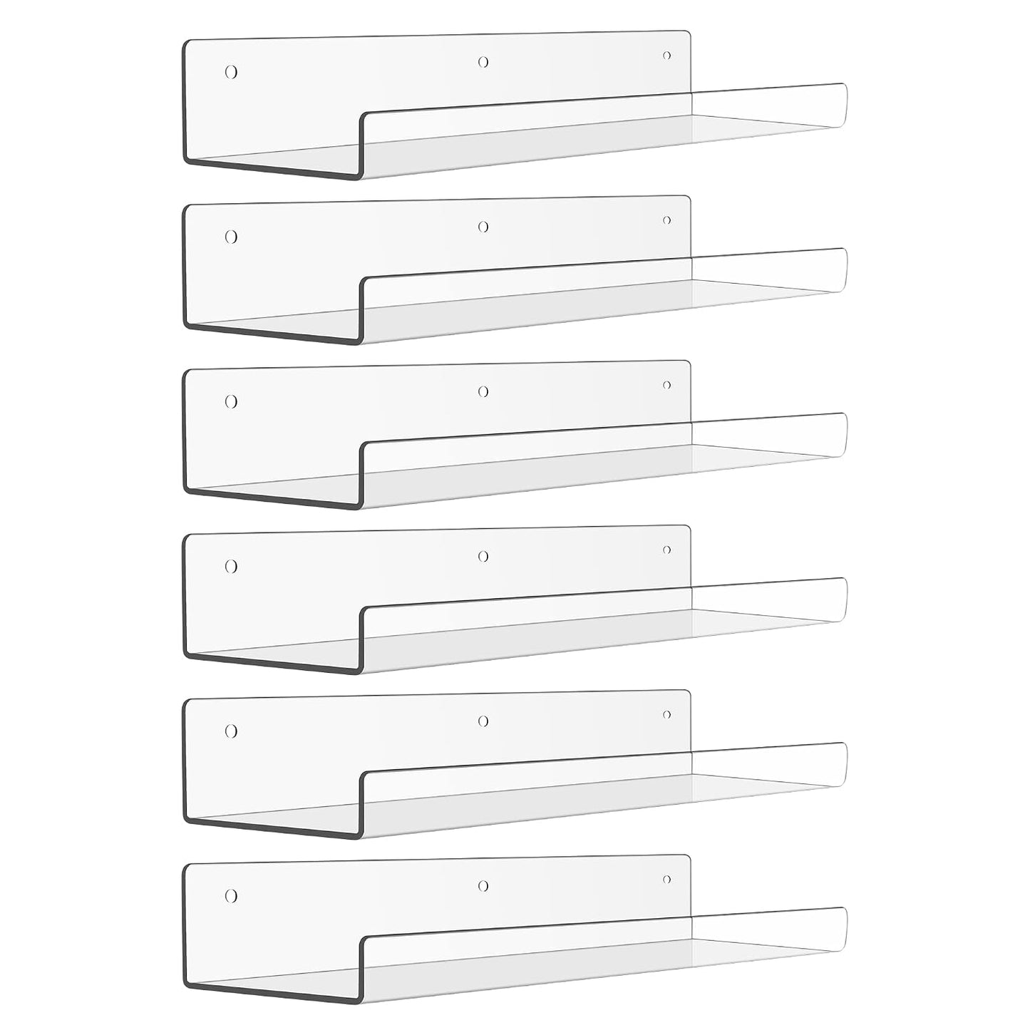 upsimples 15" x 4" Acrylic Shelves for Wall Storage and Organizer, 6 Pcs | Versatile Clear Floating Bedroom Shelves for Figures & Collectibles, Kids Bookshelf, Invisible for Displaying, Room Décor