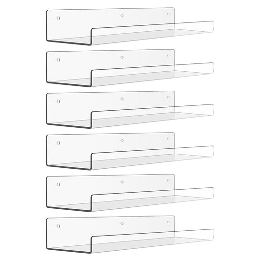 upsimples 15" x 4" Acrylic Shelves for Wall Storage and Organizer, 6 Pcs | Versatile Clear Floating Bedroom Shelves for Figures & Collectibles, Kids Bookshelf, Invisible for Displaying, Room Décor