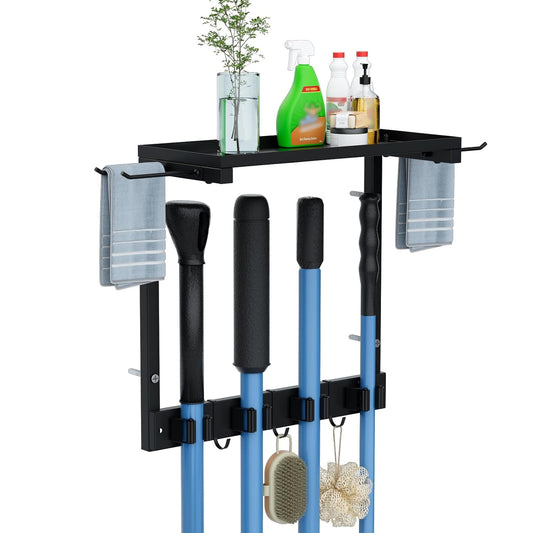 Wall Mount Broom Mop Holder | Cleaning Organizer, Storage Shelf