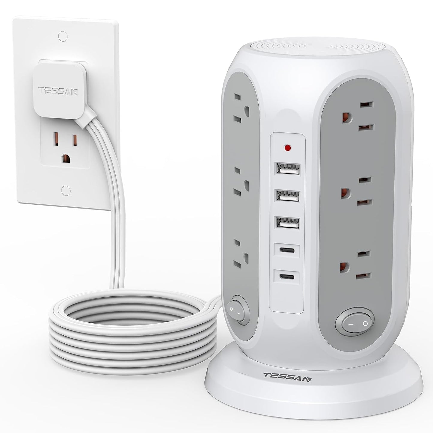 TESSAN Tower Power Strip Surge Protector, Flat Extension Cord 10 Ft, Grey | Individual Switches with 12 Outlets, 5 USB Ports(2 USB C), Flat Plug, Charging Station for Multiple Devices, Office, Dorm