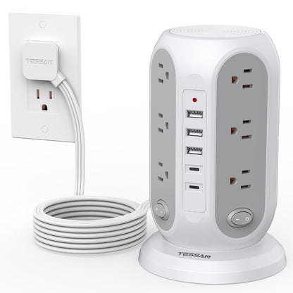 TESSAN Tower Power Strip Surge Protector, Flat Extension Cord 10 Ft, Grey | Individual Switches with 12 Outlets, 5 USB Ports(2 USB C), Flat Plug, Charging Station for Multiple Devices, Office, Dorm