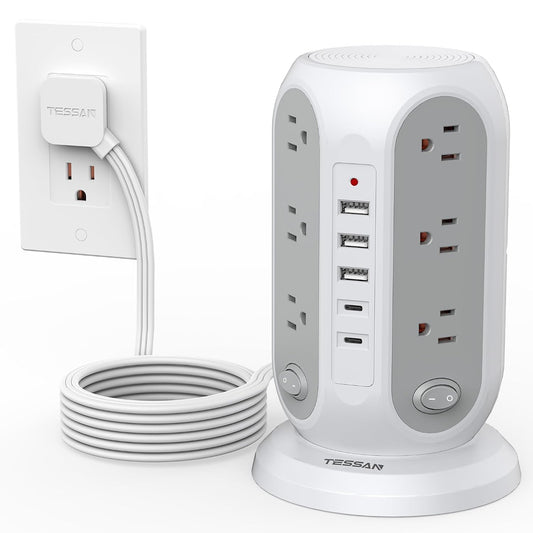 TESSAN Tower Power Strip Surge Protector, Flat Extension Cord 10 Ft, Grey | Individual Switches with 12 Outlets, 5 USB Ports(2 USB C), Flat Plug, Charging Station for Multiple Devices, Office, Dorm