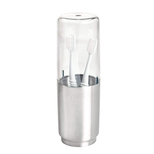 iDesign Austin Metal Covered Holder Stand, Holds Regular and Electric Toothbrushes in Master, Guest, Kid's, College Dorm Bathroom, Brushed | Holds Regular and Electric Toothbrushes for Bathroom or Vanity