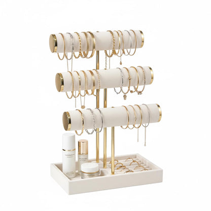 Pangkeep 3 Tier Bracelet Necklace Holder,Jewelry Displays for Vendors,T Bar Velvet Jewelry Stand with Tray,Jewerly Organizer for Bangles Necklace Scrunchie Watches Rings (Beige)