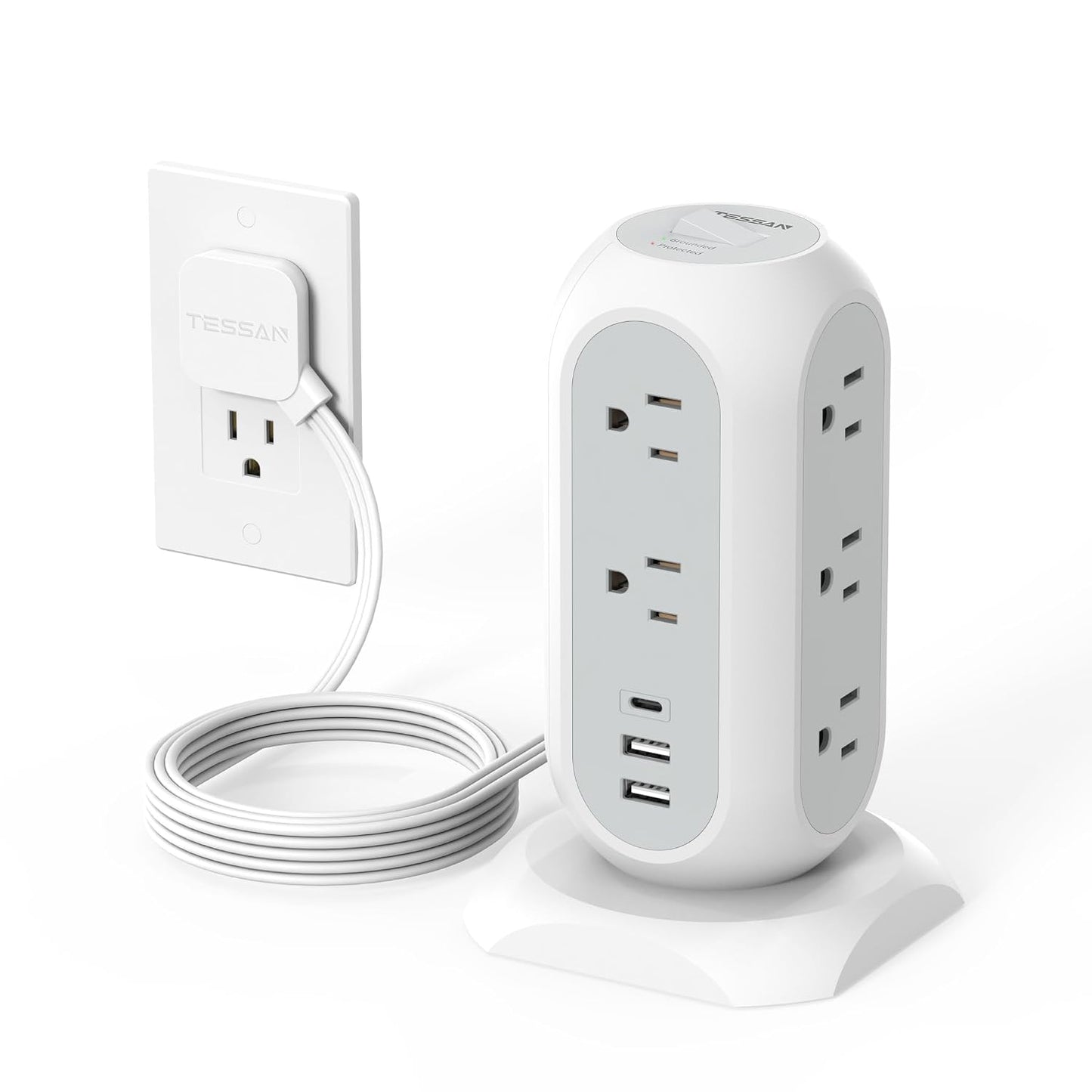 TESSAN Tower Power Strip Flat Plug with 1050J Surge Protection, 6 Ft, Grey | 11 Outlets 3 USB (1 USB C), Surge Protector Power Tower, Extension Cord with Multiple Outlets, Dorm, Office Desk Supplies