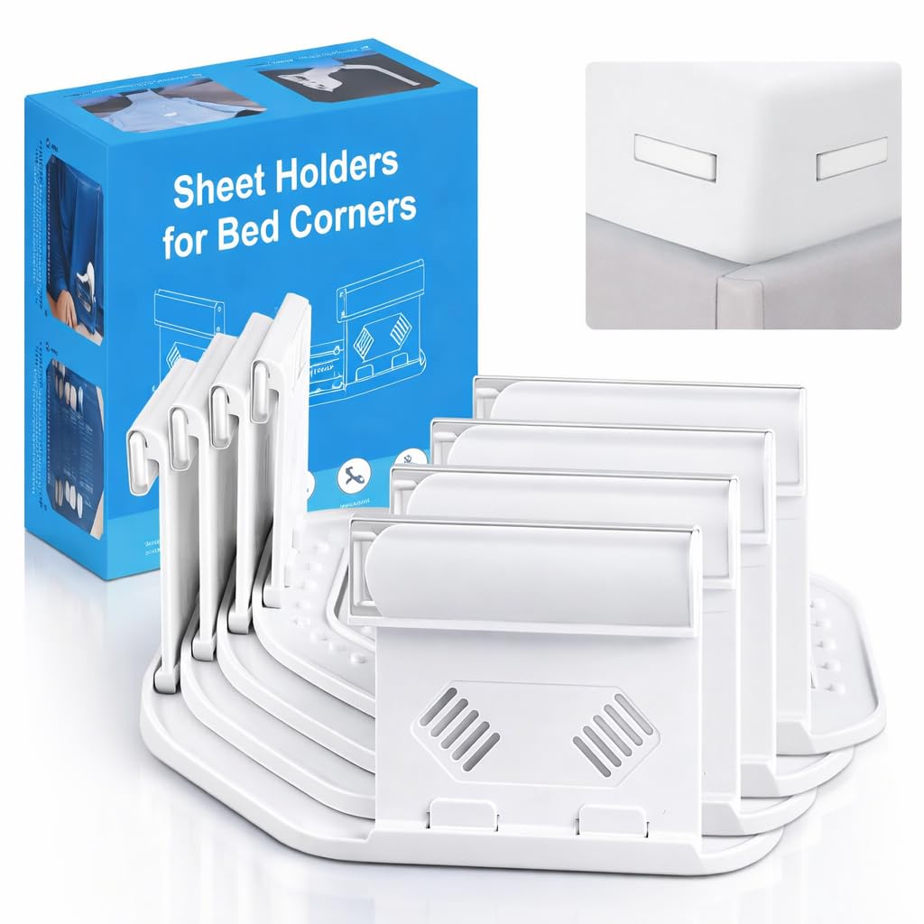 Bed Sheet Holders for Corners, Upgrade Bed Sheet Grippers Locks, 4PCS Fitted Sheet Holder Keep Sheets Firm & Tight, Non-Slip Sheet Clips for Fitted Sheets, Fit All Mattress Easy Install