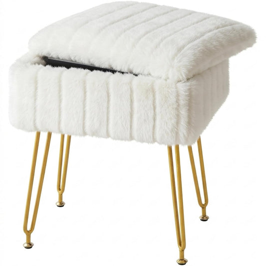 Vanity Stool Chair with Storage, Faux Fur and Meta... (White | Iron)