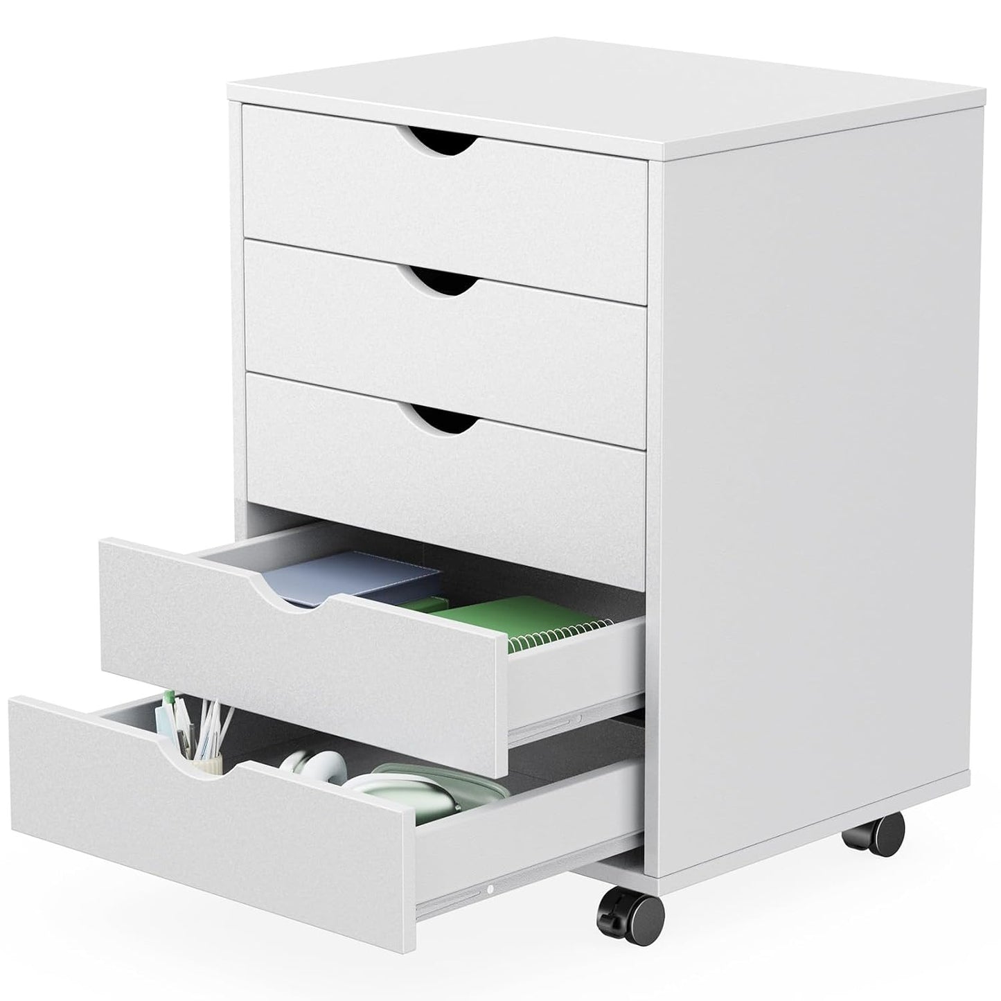 Sweetcrispy 5 Drawer Wooden Dresser, Storage Cabinets, Room Organization | Mobile Rolling Wheels, Vertical Organizer Chest, Home Office Bedroom Furniture, White Wood